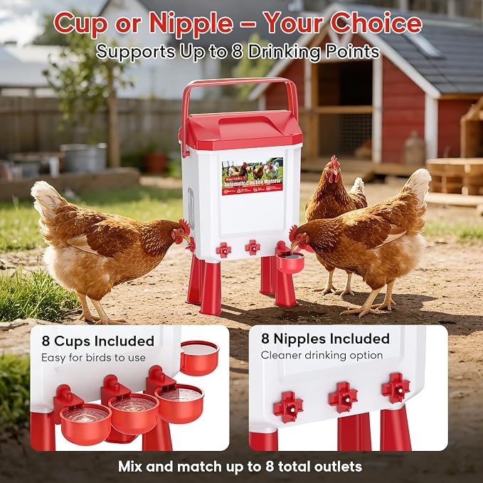 3 Gallons Automatic Chicken Waterer with 8 Chicken Water Cups, 8 Nipples, 6 Plugs, Float-Controlled Chicken Water Feeder with 60 Inch 3/4'' Water Hose, Poultry Waterer Perfect for Chicks, Duck, Goose