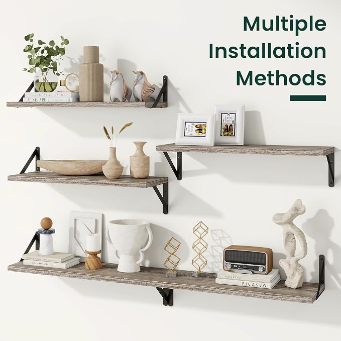 Floating Shelves 8 Inch Deep, 16W x 8D Wall Shelf Set of 2, 35 lbs Heavy Duty Reversible Metal Brackets, Industrial Book Shelf for Living Room Kitchen Bathroom Bedroom Gallery Wall, Grey