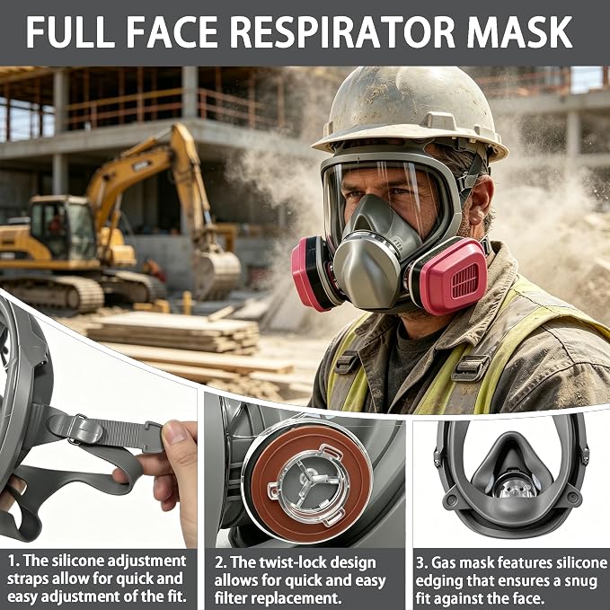Gas Mask Full Face Respirator Mask with Filters Reusable Paint Mask Dust Mask for Painting Sanding Spraying Welding