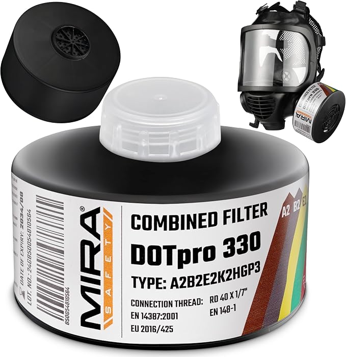 MIRA Safety DotPro 330 Industrial Filter, A2 B2 E2 K2 Hg P3, 40mm NATO | A2B2E2K2HgP3 filter rating. Industrial-grade protection. Long shelf life. 40mm NATO thread. Fits full-face masks.