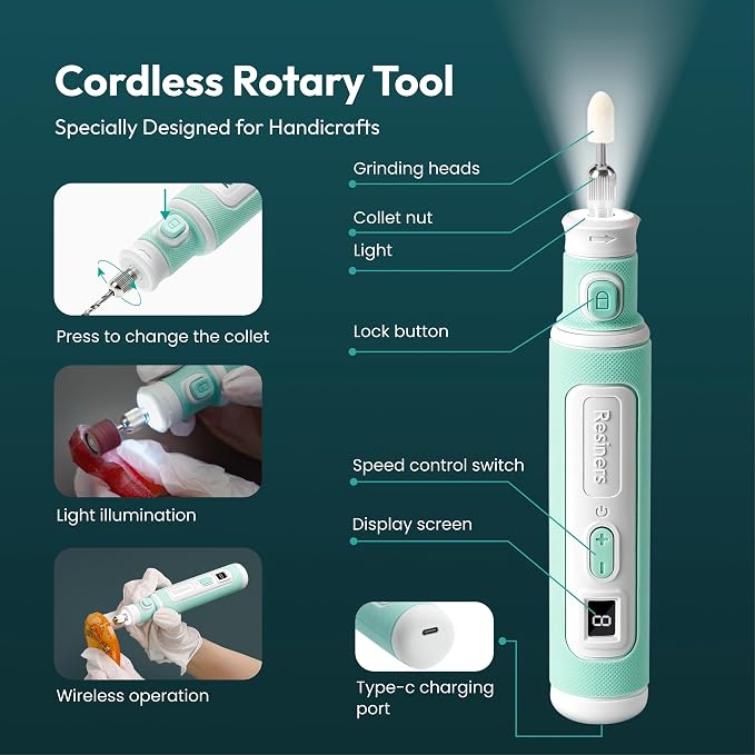 Resiners Cordless Rotary Tool Kit, Resin Drill & Polishing Kit, 8-Speed Adjustable, Type-C Charging, 52pcs Electric Jewelry Making Kit for Drilling, Polishing, Sanding, Grinding DIY Crafts