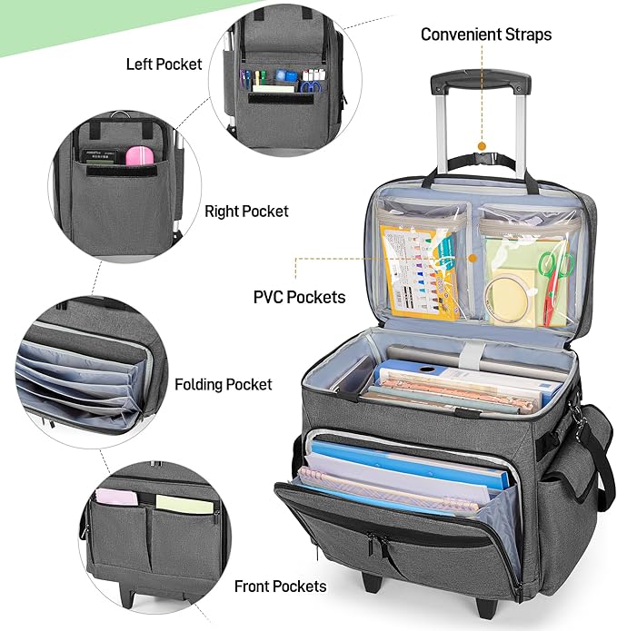 Trunab Rolling Teacher Bag with Wheels, Grey | Expandable File Pocket, Detachable Trolley, Up to 15.6 Inches Laptop, Patented Design