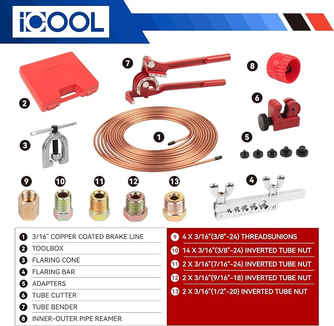 ICOOL 25 ft 3/16" Copper-Plated Brake Line Flaring Tool Kit with 20 Fittings and 4 Unions Brake Line Fittings, Brake Line Kit with Tube Bender and Reamer