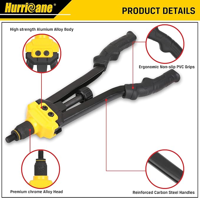 HURRICANE 16" Rivet Nut Tool Kit with Auto Release, Heavy Duty Hand Riveter-13 Metric&SAE Mandrels, 130Pcs Nutserts, Long Arm Labor-Saving Design for Automotive, Metal & Marine – Includes Plastic Case
