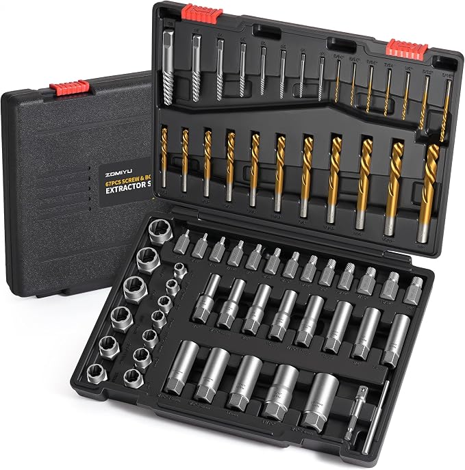 Bolt Extractor Kit, 67 Pieces Easy Out Screw Extractor Set with 6542 HSS Left-Hand Drill Bits, Bolt & Lug Nut Removal Tool for Broken Stripped, Frozen, Rusted, Rounded-Off Fasteners