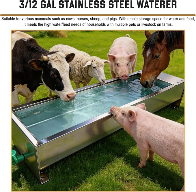Automatic Livestock Water Trough 12 Gallons & 3 Gallons Livestock Feeding Trough Waterer Animal Stainless Steel Larger Automatic Waterer with Float Valve Kit for Goat Cattle Horse Hog Dog(2 Pack)