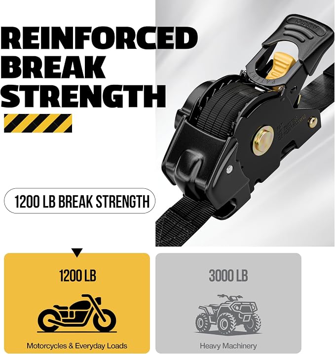 AUGO Retractable Ratchet Straps | 4 Heavy Duty Ratchet Straps Self Retractable Tie Down Straps with Soft Loops & Storage Bag for Motorcycle, Truck, Trailer, Cargo Van | 1200 Lb Break Strength 1” x 10’