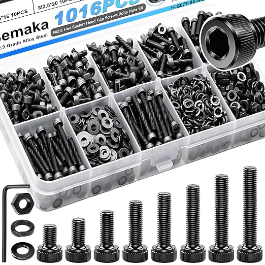 1016PCS M2.5 Screws Kit, M2.5x4/6/8/10/12/16/20/25mm Hex Socket Head Cap Screws Bolts Nuts Washers Kit, 12.9 Grade Alloy Steel Metric Screws for 3D Printer, Electronics, Furniture Repair