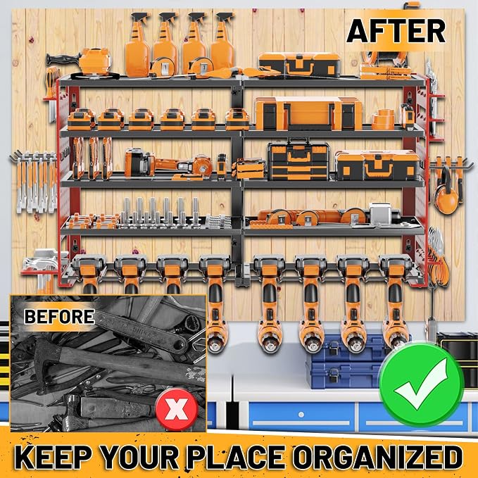 5 Layers Power Tool Organizer Wall Mount, Metal Cordless Tool Hanger Storage Rack Holder with 8 Drill Holders, Heavy Duty Garage Wall Tool Shelf for Workshop Tool Room Shed Pegboard (Black Red)