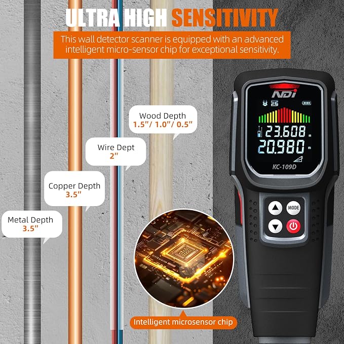 NDI Stud Finder Wall Scanner - 5 in 1 Electronic Stud Detector with Microprocessor Chip and HD LCD Display & Audible Alarm, for the Center and Edge of Wood AC Wire Metal Studs Joist Pipe