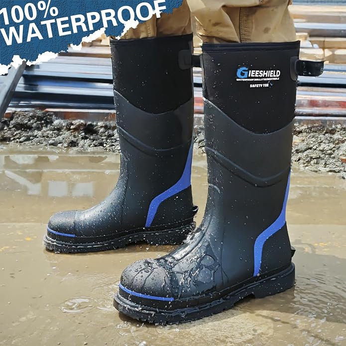 Men's Rubber Work Boots with Steel Toe & Shank, Waterproof & Anti-Slip, 6mm Neoprene, Durable Brown Rubber Boot for Construction, Farming, Manufacturing, Sizes 7-14