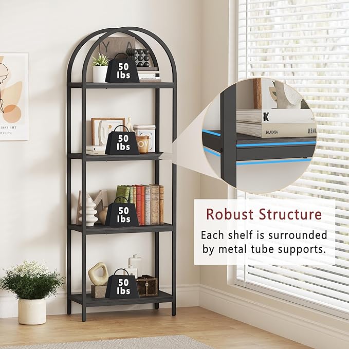 Yusong Bookshelf 4 Tier Arched Bookcase, 71.3" Tall Industrial Open Book Shelves for Living Room, Modern Freestanding Display Shelving Unit Storage Rack with Metal Frame, Office, Bedroom, Black