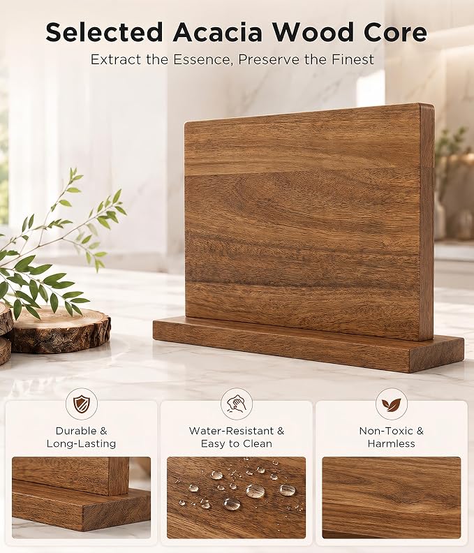 Magnetic Knife Block, Acacia Wood Countertop Magnetic Knife Holder, Double-Sided - Holds Up to 12 Knives & Metal Kitchen Tools, Brown