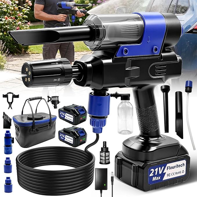 Cordless Pressure Washer, Portable Pressure Washer with 2 Batteries, 3-in-1 Handheld Power Washer for Wash, Blow & Vacuum, 5-in-1 Nozzle, Battery Powered Pressure Washer for Car, Patio & Home Cleaning