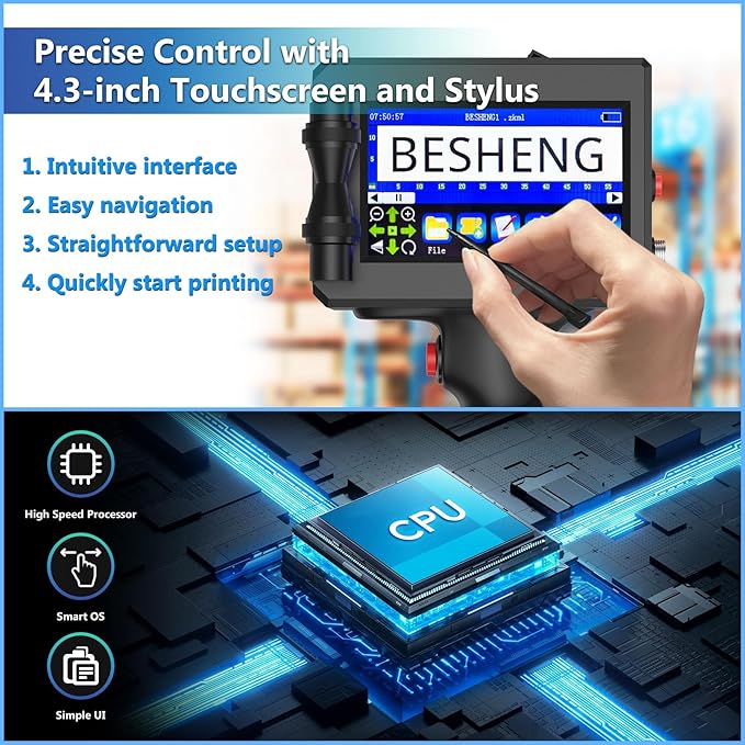 Handheld Inkjet Printer Gun PT3000 Printing Height 0.08-0.5Inch Inkjet Coder with Original Fast-Drying Ink for Text QRCode/Barcode/Batch Number/Label/Image/Date Printer with Touch Screen