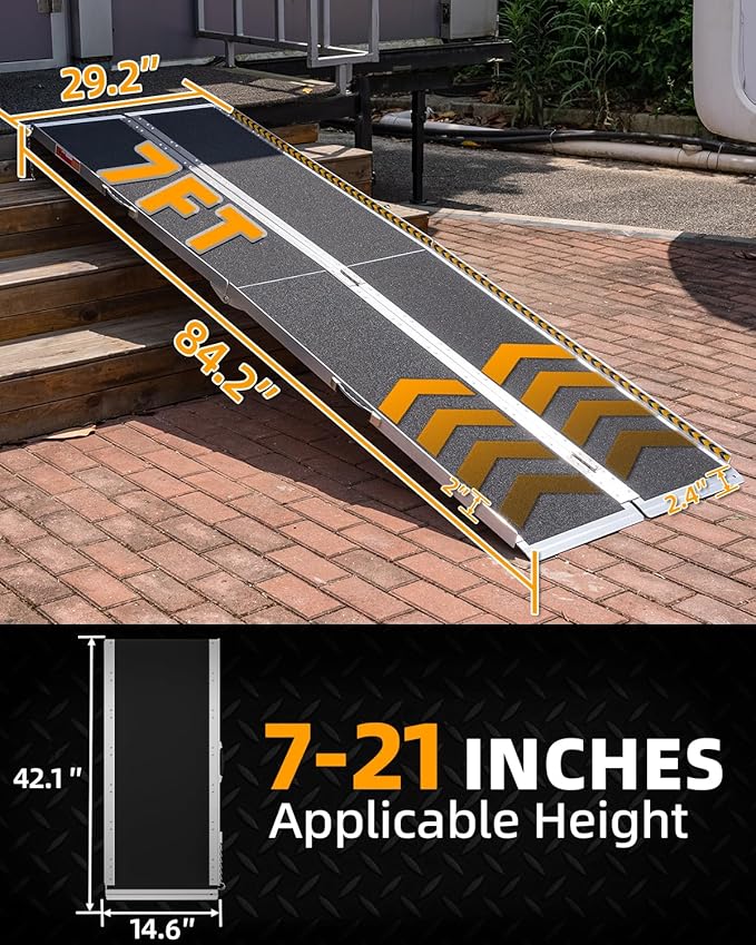 VNN Portable Wheelchair Ramp 7FT, Seamless Non-Slip Aluminum Ramps for Wheelchairs for Home, Handicap Wheelchair Ramps for Home Steps, Aluminum Loading Dock Plates, Doorways, Black