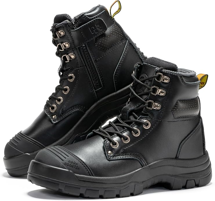 ROCKROOSTER Madison 6" Steel Toe Work Boots for Men with YKK Side Zipper Toe Cap Non-Slip Rubber Outsole, Comfortable Side Zip Lightweight Breathable Leather Shoes, Metal, ASTM F2413-18 M/I/C EH AK052