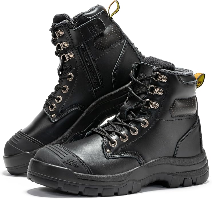 ROCKROOSTER Madison 6" Steel Toe Work Boots for Men with YKK Side Zipper Toe Cap Non-Slip Rubber Outsole, Comfortable Side Zip Lightweight Breathable Leather Shoes, Metal, ASTM F2413-18 M/I/C EH AK052