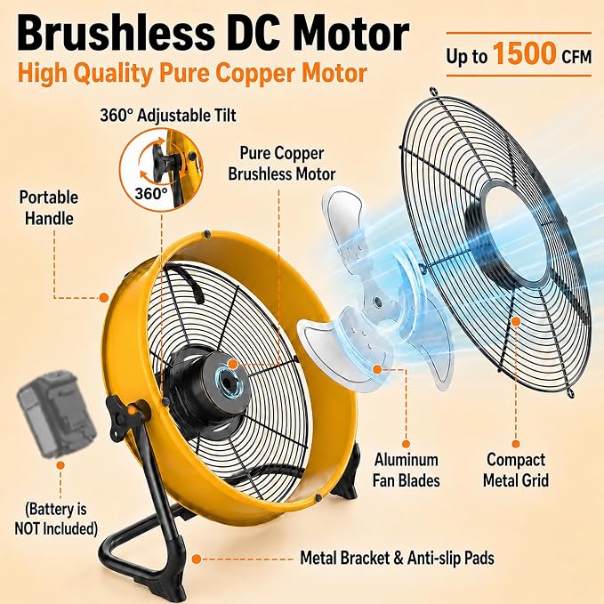 T-SUN 12 Inch Battery Powered Fan with LED Light, Portable Battery Operated Fan Compatible with DeWalt 20V Max Battery, Cordless Floor Fan with USB-C for Garage, Camping, Jobsite & Emergency