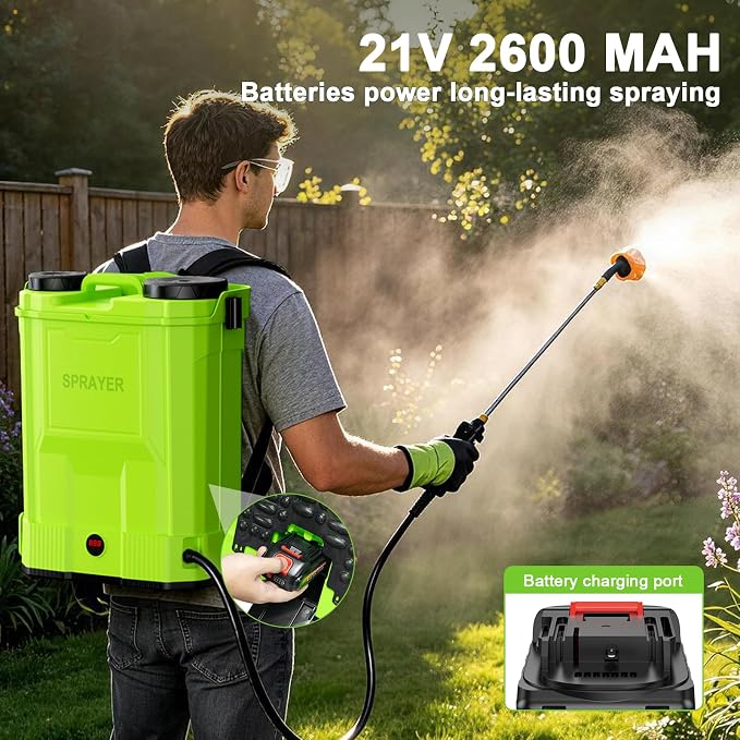 Battery Powered Backpack Sprayer 5.3 Gallon,Electric Garden Sprayer with 100 PSI Adjustable Pressure, Rechargeable 21V 2.6Ah Battery,8 Nozzles (Includes Telescopic Wand) for Lawn,Yard,Garden