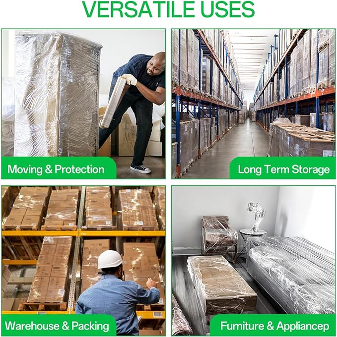 18in Stretch Wrap Roll, Heavy Duty 3000ft Shrink Wrap, Pallet Wrap 4 Pack | Industrial Strength, 80 Gauge, Clear Stretch Film, Self-Adhesive Cling, Plastic Wrap for Furniture Wrapping Shipping Moving