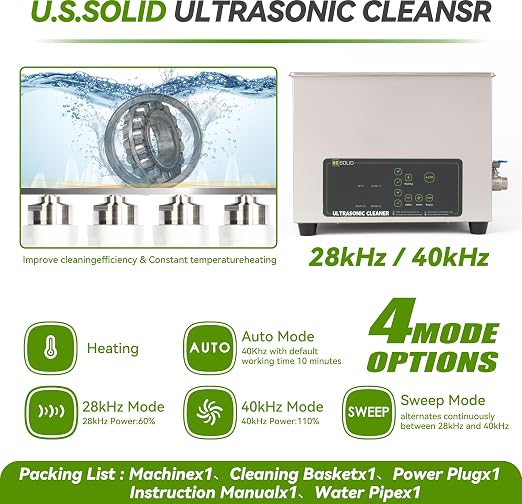 U.S. Solid 15L Ultrasonic Cleaner - 28/40kHz Dual-Frequency Digital Ultrasonic Cleaning Machine with Heater, Timer, and Degas Function