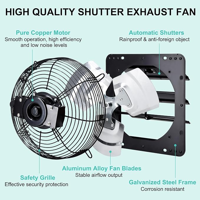 10 Inch Wall Mounted Shutter Exhaust Fan with Thermostat and Speed Controller for Attic, Greenhouse, Shed, Garage, Chicken Coop, Shop, Barn Ventilation, 820 CFM Louvered Vent Fan, Black