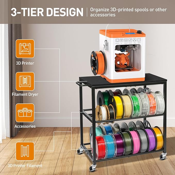 3D Printer Table with Filament Storage-Small 3D Printer Stand for consumables Storage – Space-Saving Cart for 3D Printing Workshop, Studio, Office.Brown. (Black)
