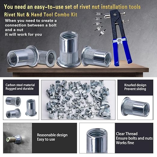 Rivet Nut Tool Kit 540Pcs Nut Riveter Tool Kit (M8/M6/M5/M4/M3), Suitable for Furniture, Decoration, Automobile, Shipbuilding and Industrial Applications