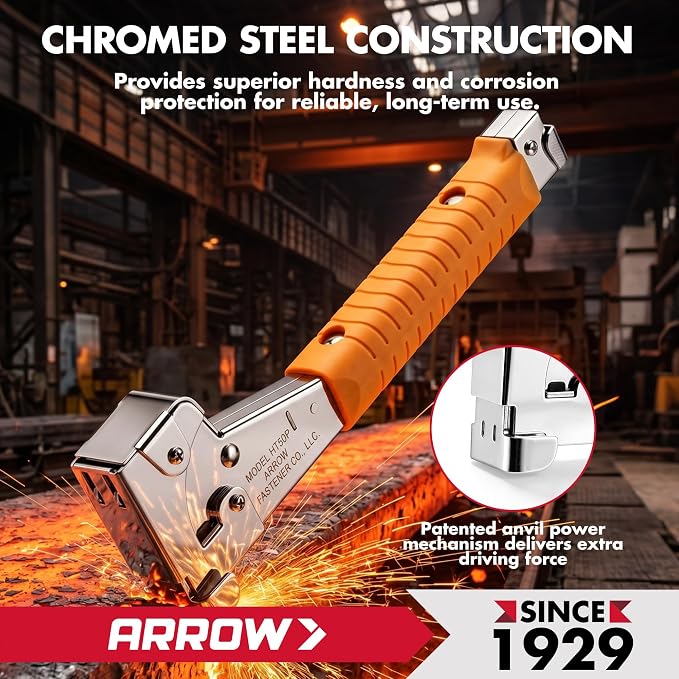 Arrow HT50 Heavy Duty Hammer Tacker, Chromed-Steel Manual Stapler with Sure-Grip Handle, Dual-Capacity Rear-Load Magazine, Fits 5/16”, 3/8", or 1/2" Staples