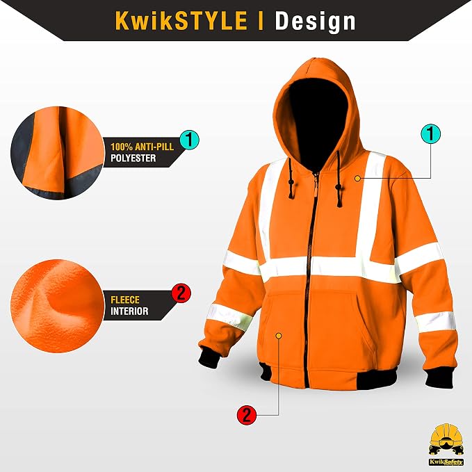 KwikSafety - Charlotte, NC - Men's Fleece Safety Hoodie | PPE Hi Vis Lightweight Reflective Jacket