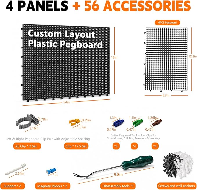 Plastic Pegboard Wall Organizer Kit, 4 Black Panels 32" x 12", 56 Accessories with Hooks, Clips & Holders, Modular Tool Storage Board for Garage, Workbench, Craft Room, Home Repair