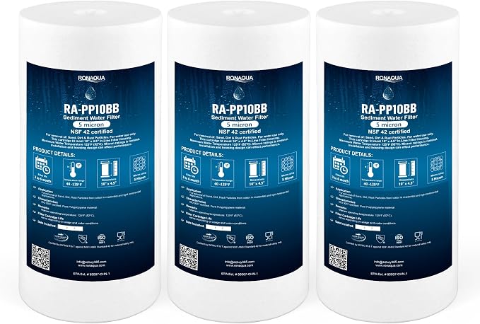 Ronaqua 10" x 4.5" Big Sediment Replacement Water Filter Cartridge, 5 Micron, NSF Certified, for Whole House, Compatible with RFC-BBSA, W15-PR, WFHD13001B, GXWH35F, HF45-10BLBK10PR and AP817, 3 Pack