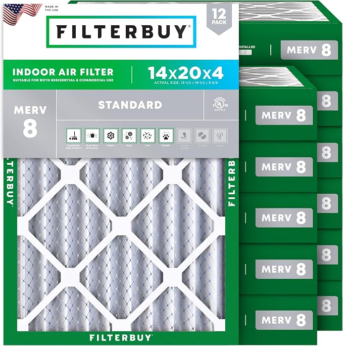 Filterbuy 14x20x4 Air Filter MERV 8 Essential Dust & Allergy Defense (12-Pack), Electrostatic Pleated HVAC AC Furnace Filters Replacement, Made in USA (Actual Size: 13.50 x 19.50 x 3.63)