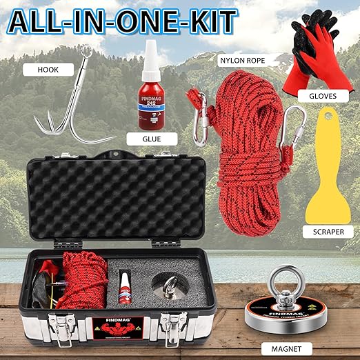 FINDMAG Magnet Fishing Kit, Strong Magnet for Fishing Case, 700 lbs Pulling Force Fishing Magnets for Retrieving Items in River, Lake, Beach, Lawn, 2.95" Diameter