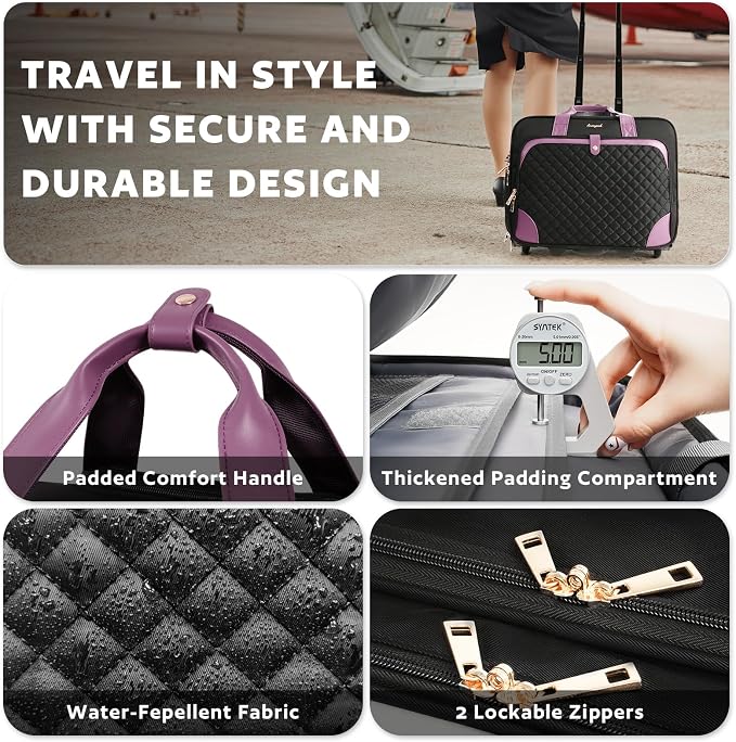 Arcoyard Rolling Laptop Bag, Rolling Briefcase for Women with Waterproof Pocket, 16 Inch Computer Bag, Underseat Carry On Luggage with Wheels for Work Travel Business, Lightweight Black Purple