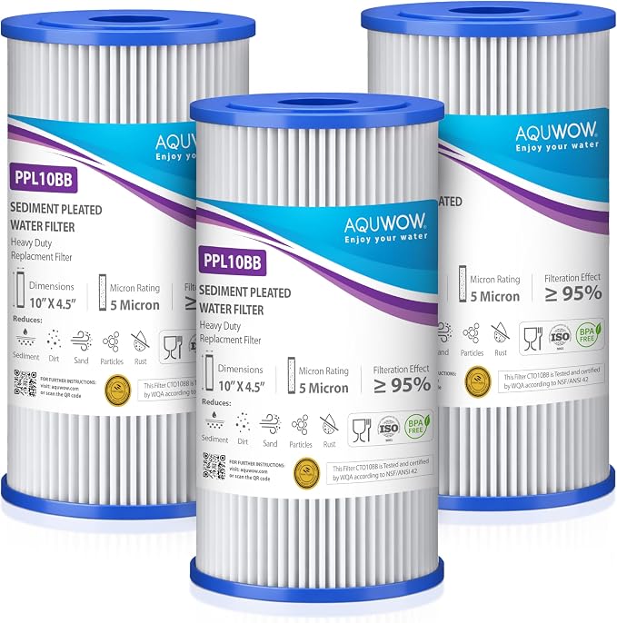 PPL10BB 5 Micron 4.5" x 10" Sediment Pleated Water Filter Set – Big Blue Replacement Cartridges for Whole House Water Filtration Systems Durable Premium Quality (3, 10 x 4.5)