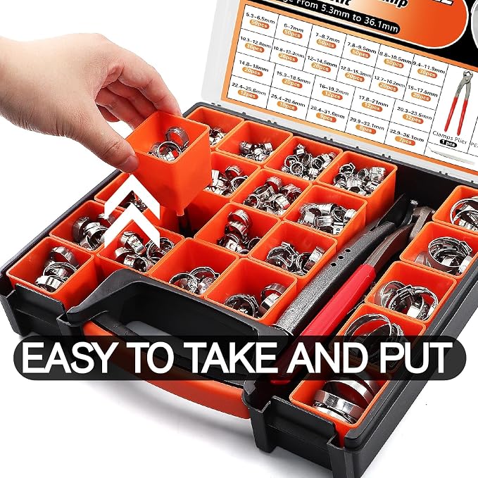 560PCS 22 Sizes Single Ear Hose Clamp Assortment Kit, 5.3 to 36.1mm 304 Stainless Steel Stepless with Clamp Crimp Plier, Cutter & Tweezers For Fuel Line,Pipe, Automotive and Home Appliances