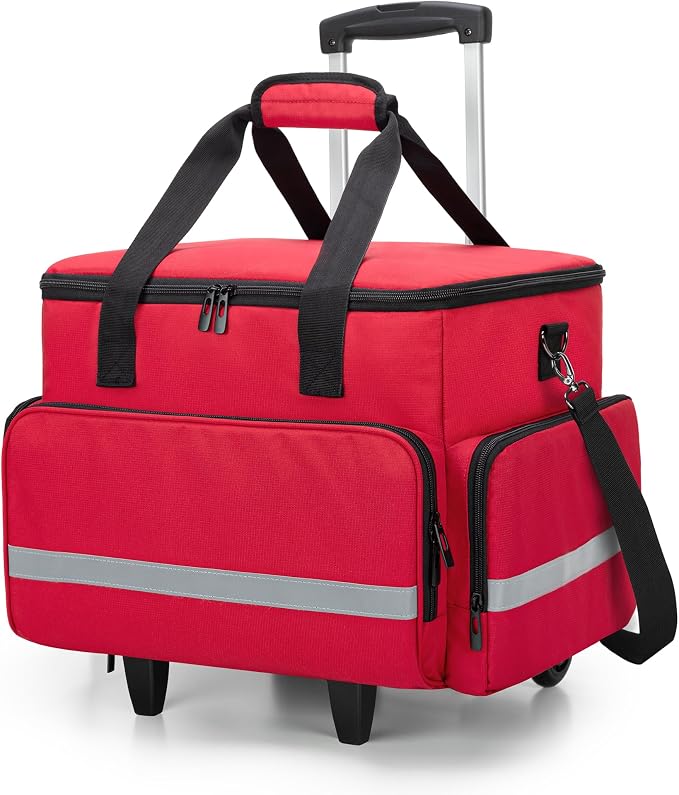 CURMIO Rolling Teacher Tote Bag with Wheels, Teaching Work Bag with Padded Sleeve for up to 14” Laptop for Teaching, Office, Red(Bag Only)