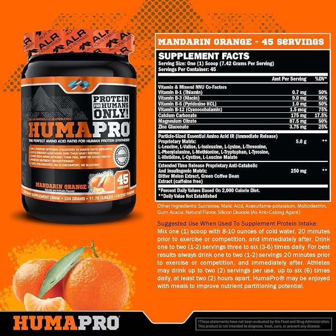 ALR Industries HumaPro Essential Amino Acid Formula | EAA Protein Supplement | Supports Muscle Recovery & Performance | Vegan, Gluten Free | | 45 Servings (Mandarin Orange)