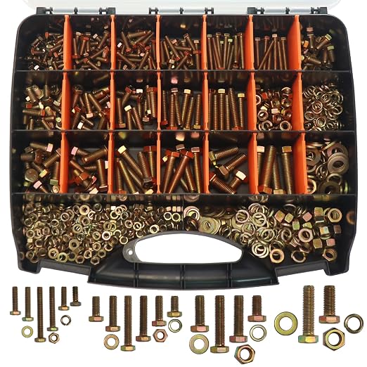 918Pcs Metric Bolt Assortment Kit - Grade 8.8 M6 M8 M10 M12 (16-50mm) Hex Bolts with Nuts & Washers, Yellow Zinc Plated, Storage Case for Heavy Equipment & Machinery Repair