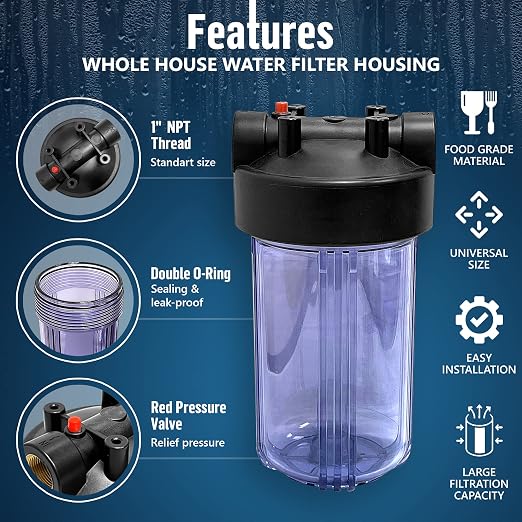 High Capacity 10 x 4.5” Whole House Filter Purifier System for Well or City Water, Presser Relief Button, 1” NPT Brass Port, Double O-Ring, Meets NSF Standards & Regulations (Transparent, 3 Sets)