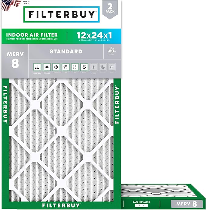 Filterbuy 12x24x1 Air Filter MERV 8 Essential Dust & Allergy Defense (2-Pack), Electrostatic Pleated HVAC AC Furnace Filters Replacement, Made in USA (Actual Size: 11.50 x 23.50 x 0.75)