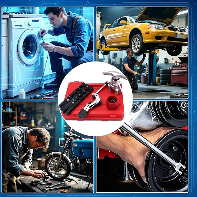 Flaring Tool HVAC & Brake Line Flaring Tool Kit – 45° Eccentric Flaring Set for 6-19mm & 1/4"-3/4" Pipes w/Cutter, Deburring, Hard Case.