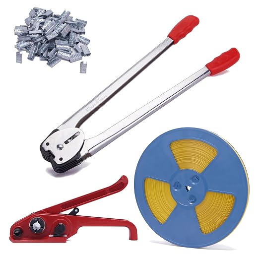 Banding Strapping Kit - Pallet Packaging Strapping Tool with Sealer Tools, 328' Length x 1/2" Wide, 100 Metal Seals Included - Durable Poly Strapping Kit a