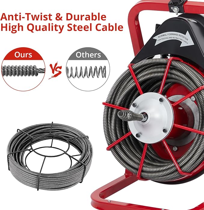 Drain Cleaner Machine, 75 Ft X 1/2 Inch Professional Electric Drain Auger for 1 to 4 Inch Pipes, Portable Electric Drain Snake with 4 Cutters & Foot Switch and Pair of Gloves
