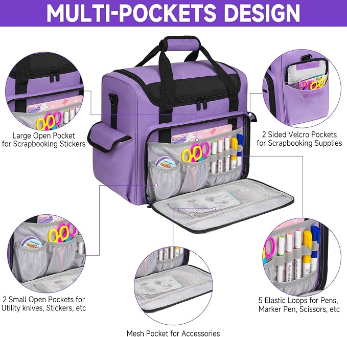 Craft Bag for Scrapbook Supplies, Large Scrapbook Tote with 15.6'' Laptop Sleeve, Art Supply Storage Bag with Multiple Pockets for Scrapbooking Tools, Purple