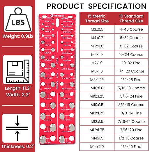 Thread Checker, Rustproof Nut and Bolt Thread Checker, Wall-Mountable Bolt Size Finder Tool, 30 SAE & 30 Metric Thread Gauge, Bolt and Nut Sizer for Quick Measurement