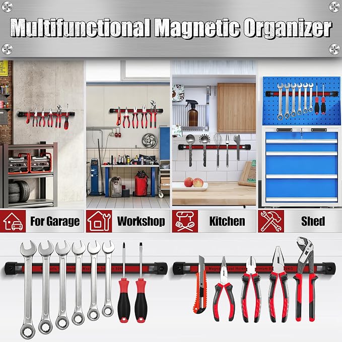 Double Sided Magnetic Tool Holder, 12 Inch Heavy Duty Ultra Strong Magnetic Tool Bar, Wall Mount Magnetic Tool Strip for Garage, Workshop, Jobsite, Kitchen, Tool Organizer Storage (2 Pack)