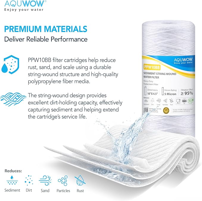 PPW10BB 5 Micron 4.5" x 10" String Wound Sediment Filter Set – Replacement Cartridges for Whole House & Under Sink Systems, Durable Depth Filtration (3, 10 x 4.5)